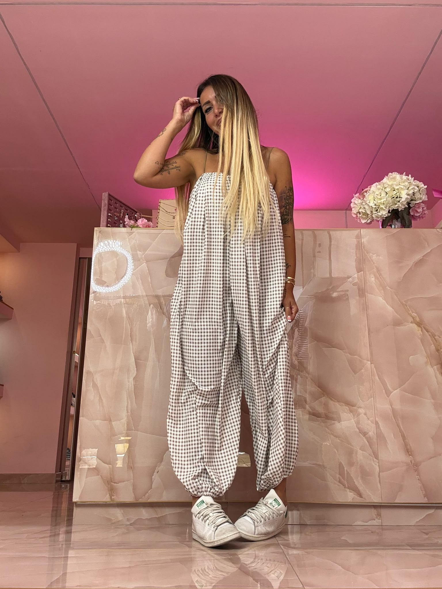 Salopette Quella A Quadretti Beige ♥