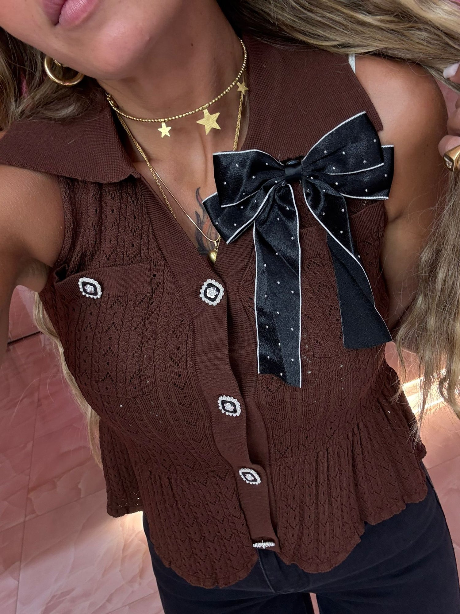 Maglia In Filo Marrone Fiocco ♥