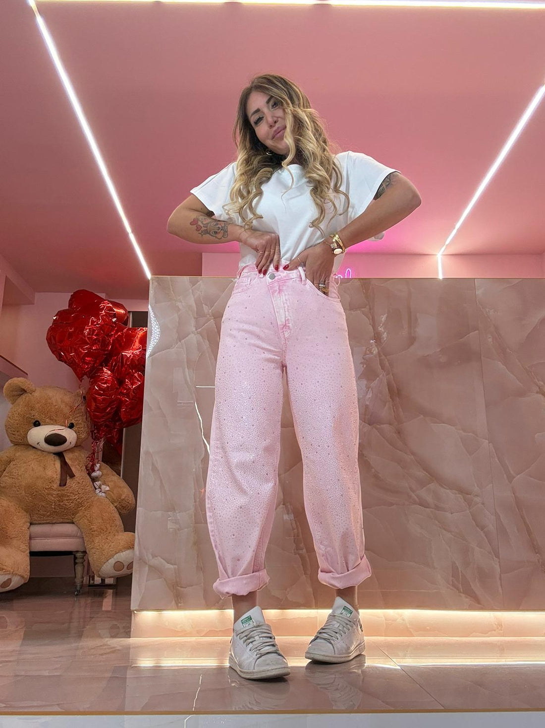 Jeans Soft Light Glitter Rosa Asimmetrico ♥