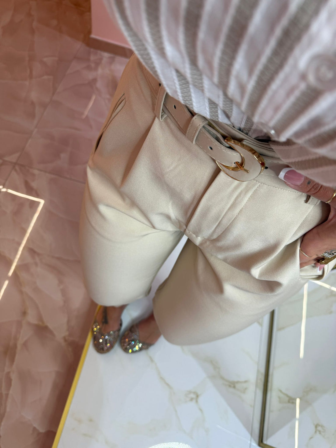 Pantalone Cinturino Rosa Beige ★