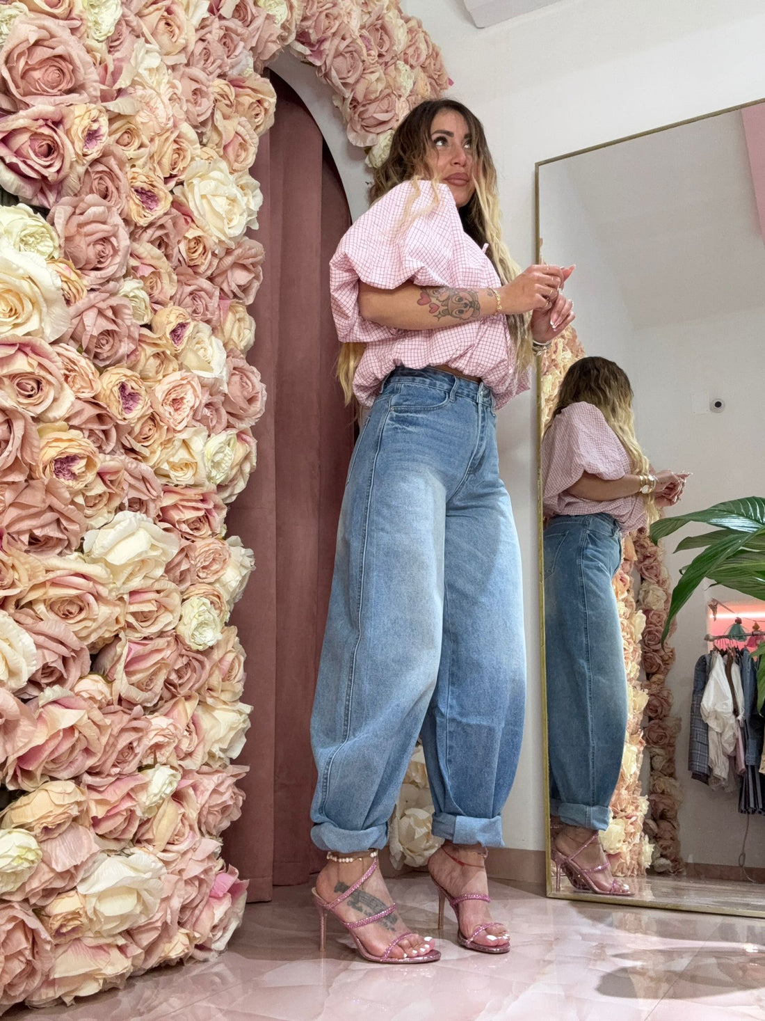 Camicia Sbuffosa Mezza Manica Rosa Quadretti ♥