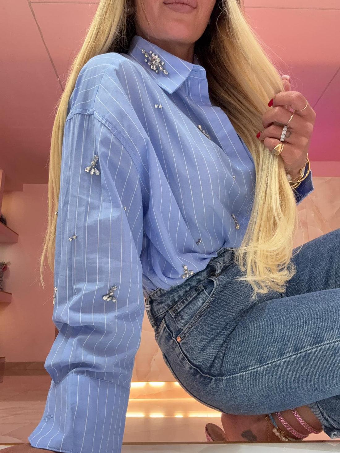 Camicia Celeste Mille Righe &amp; Strass  ♥