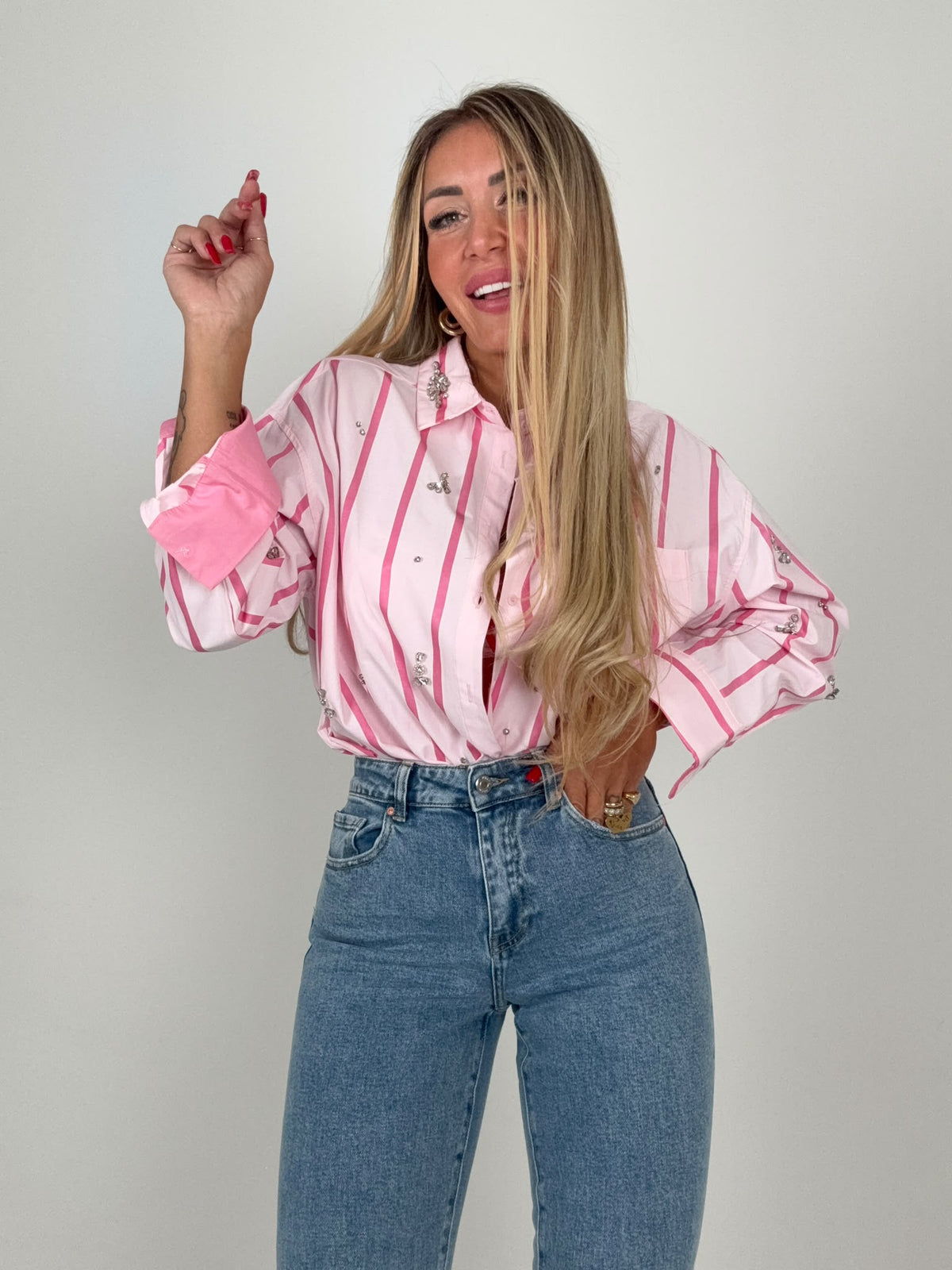 Camicia Mille Righe &amp; Strass Rosa ♥