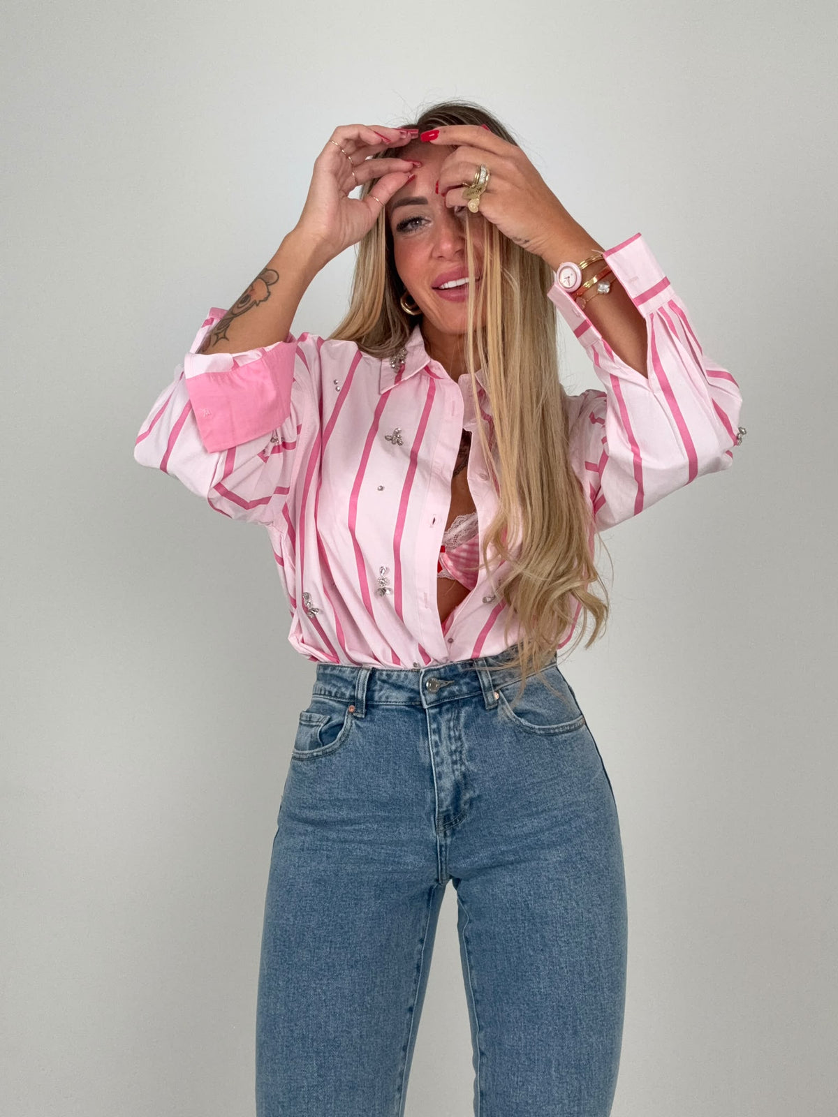 Camicia Mille Righe &amp; Strass Rosa ♥